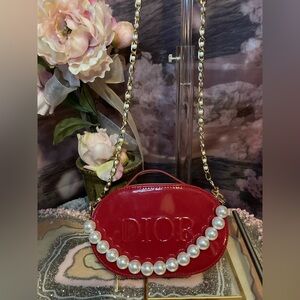 Dior Red Patent Leather Pearl-Trim Oval Crossbody Bag with Chain Strap